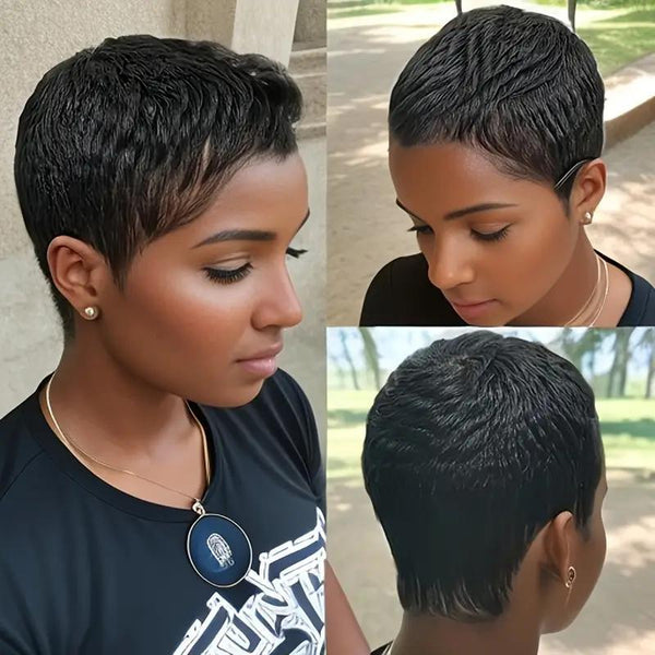 Elegant Elf Haircut Non-toxic Wig - Brazilian Remy Real Hair, Natural Color, Short Straight Hair, All Machine-made, With Buckle Cap.