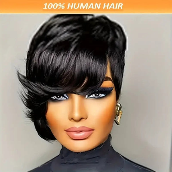 Straight Black Elegant 8 PixieCut Wig -Glueless Human Hairwith Long Bangs, Everyday Style Wig L SleekShort Wig