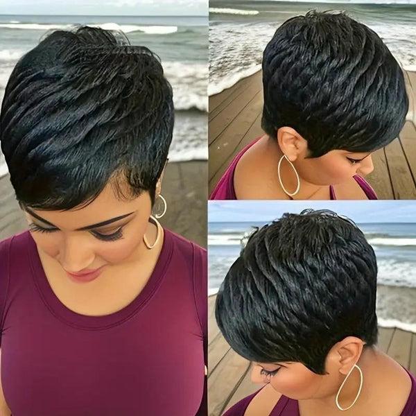 Elegant Elf Haircut Non-toxic Wig - Brazilian Remy Real Hair, Natural Color, Short Straight Hair, All Machine-made, With Buckle Cap.