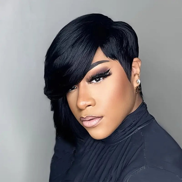 Straight Black Elegant 8 PixieCut Wig -Glueless Human Hairwith Long Bangs, Everyday Style Wig L SleekShort Wig